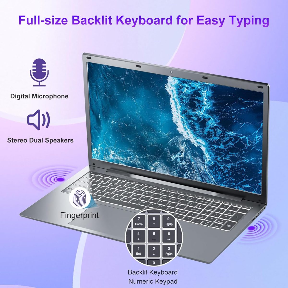 ⁦2025 Laptop 17 17.3 Inch HD+ for Students and Business, 16GB DDR5 RAM, 1TB SSD, Intel 4-Core N100(Beat to i3-1115G4, Up to 3.4GHz), Backlit Keyboard, Fingerprint, Type-C, MS Office, Windows 11 Pro⁩ - الصورة ⁦6⁩