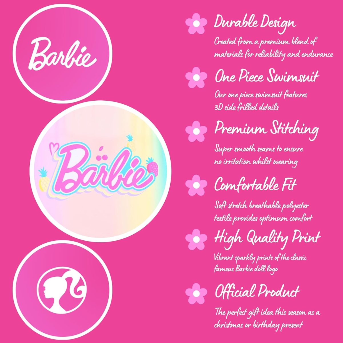⁦Barbie Girls One Piece Swimsuit, Kids Swimsuit, Sizes 4-10 Years⁩ - الصورة ⁦5⁩