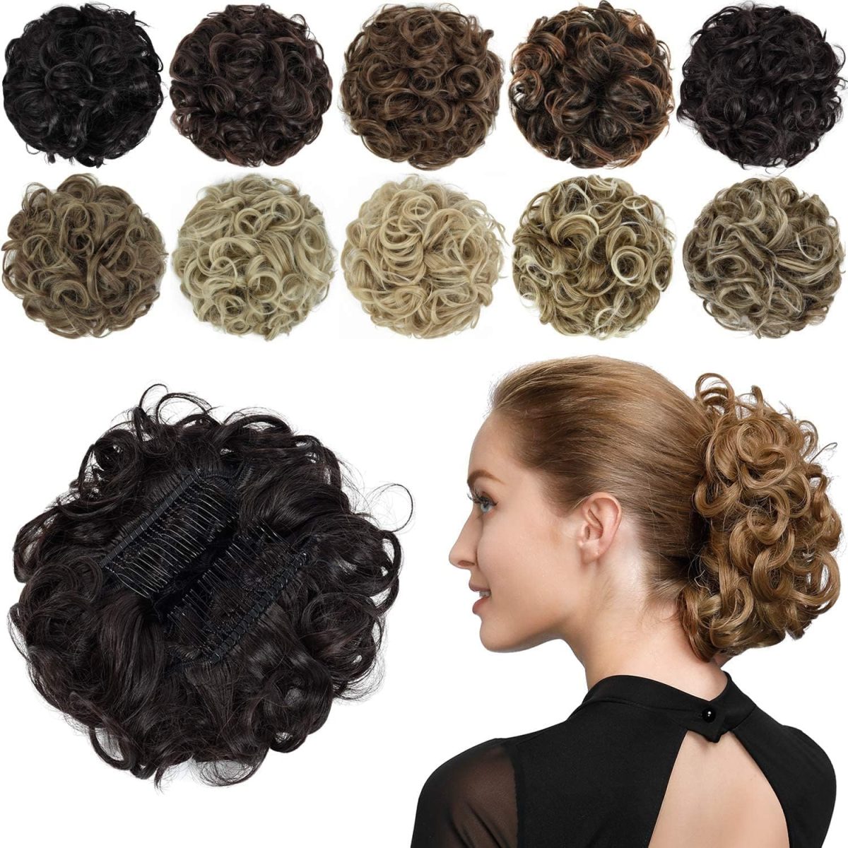 ⁦Hairpiece Curly Bun Extensions Scrunchie Updo Hair Pieces Synthetic Combs in Messy Bun Hair Piece for Women⁩ - الصورة ⁦2⁩