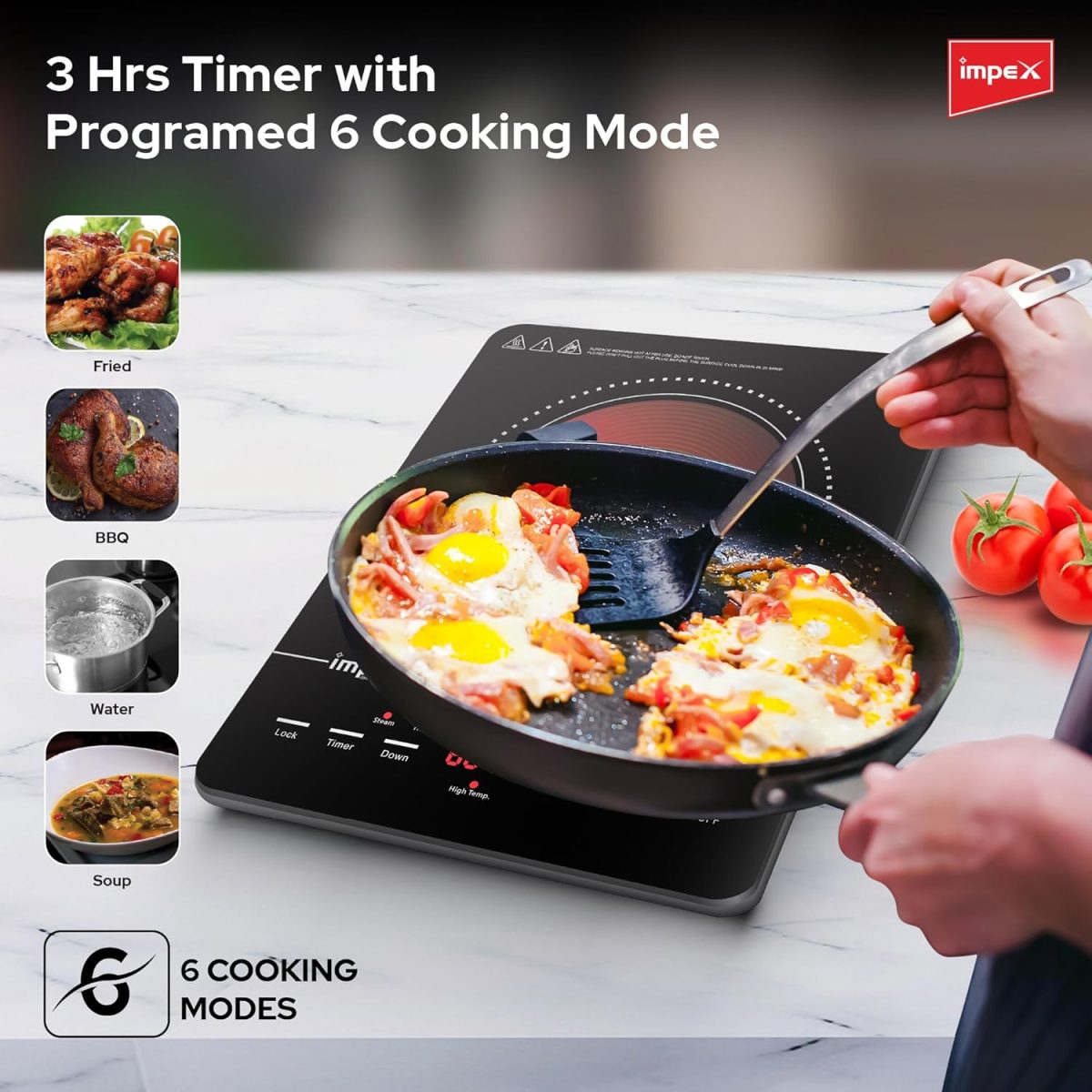 ⁦Impex Infrared Cooktop With 4 Digit LED Display & Push Button Control,10 Temperature Settings And 6 Cooking Mode 3hrs Programmable Timer Compatible with All Cookware,2 Year Warranty-1500W⁩ - الصورة ⁦3⁩