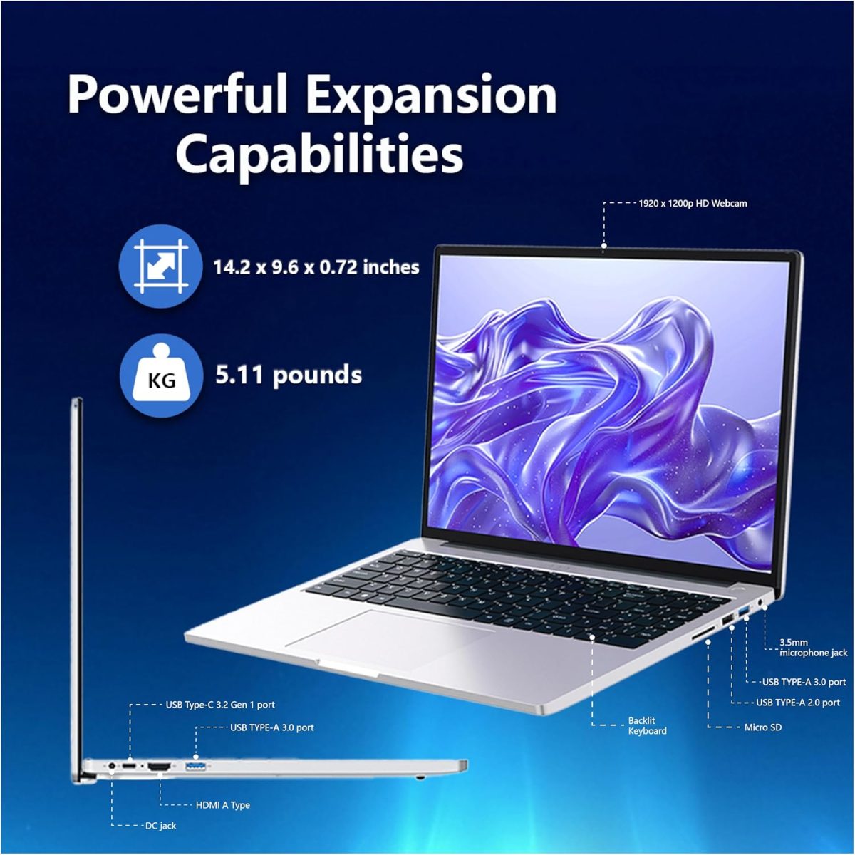 ⁦Z ZOLWAYTAC Gaming Laptop Computer - FHD 1920x1200 IPS 16:10 Screen, Core i5(Up to 3.5GHz) Quad-Core, 12GB RAM/512GB SSD, Aluminum Body, WiFi + USB 3.2/HDMI/Type-C, Slim Laptop⁩ - الصورة ⁦7⁩