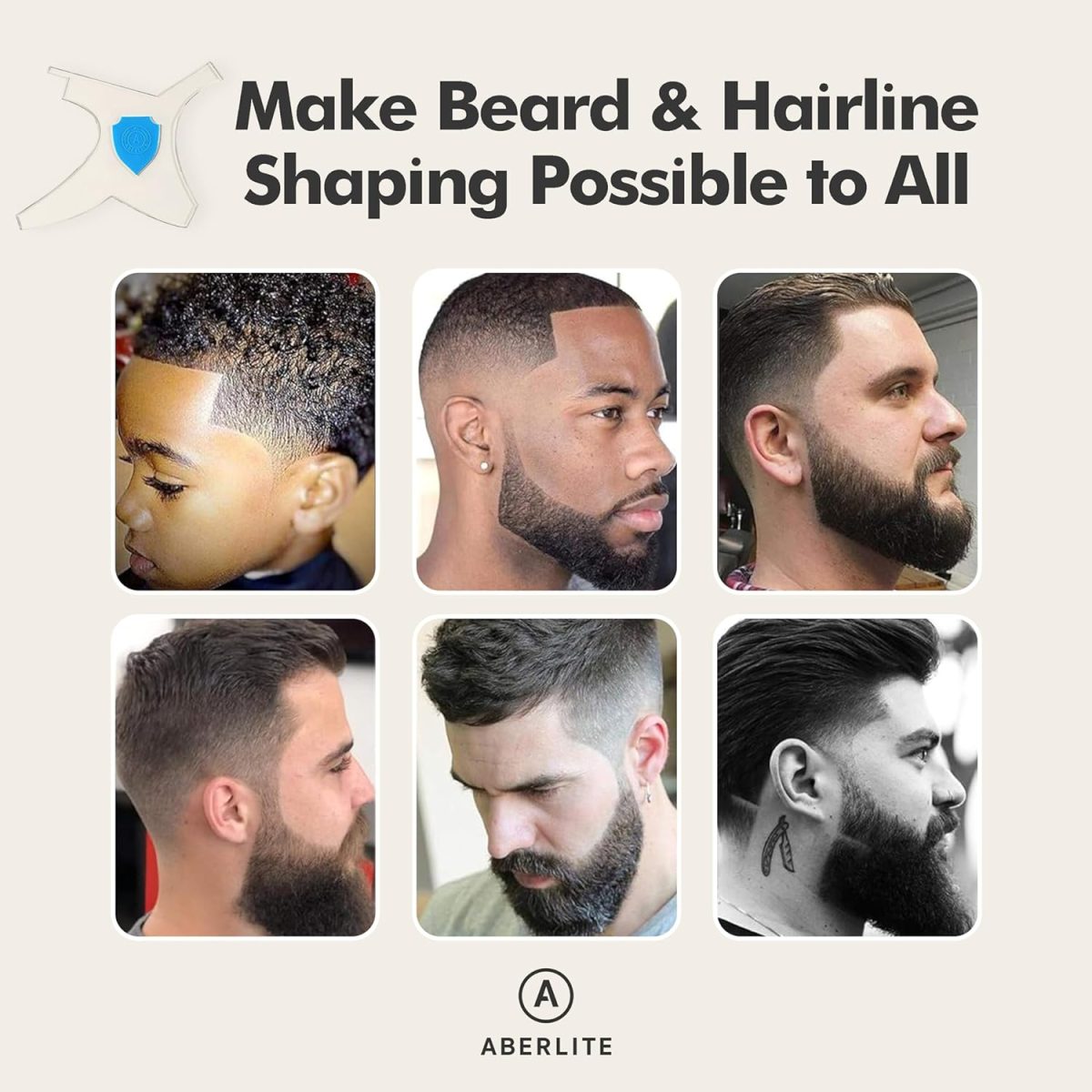⁦Aberlite Beard Shaper - Beard Lineup Tool W/Barber Pencil (White) - 100% Clear | Many Styles | Long Edges | Anti-Slip - The Ultimate Beard Shaping Tool (Blue) - Beard Stencil Guide - Works w/Trimmer⁩ - الصورة ⁦5⁩