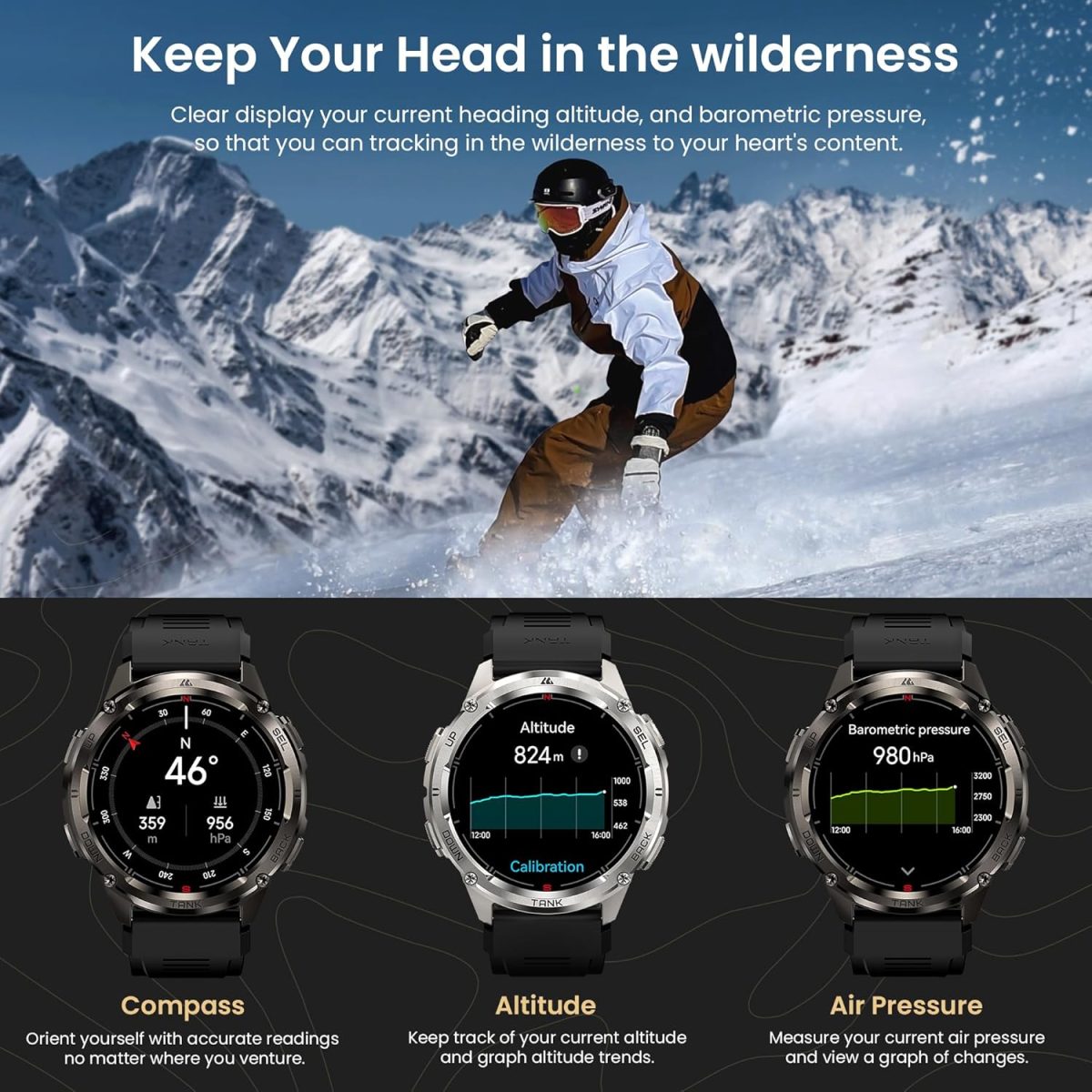 ⁦KOSPET Tank Smart Watch for Men/Women GPS, Extra-Long Battery with Bluetooth Calling, Pressure&Altitude&Compass⁩ - الصورة ⁦5⁩
