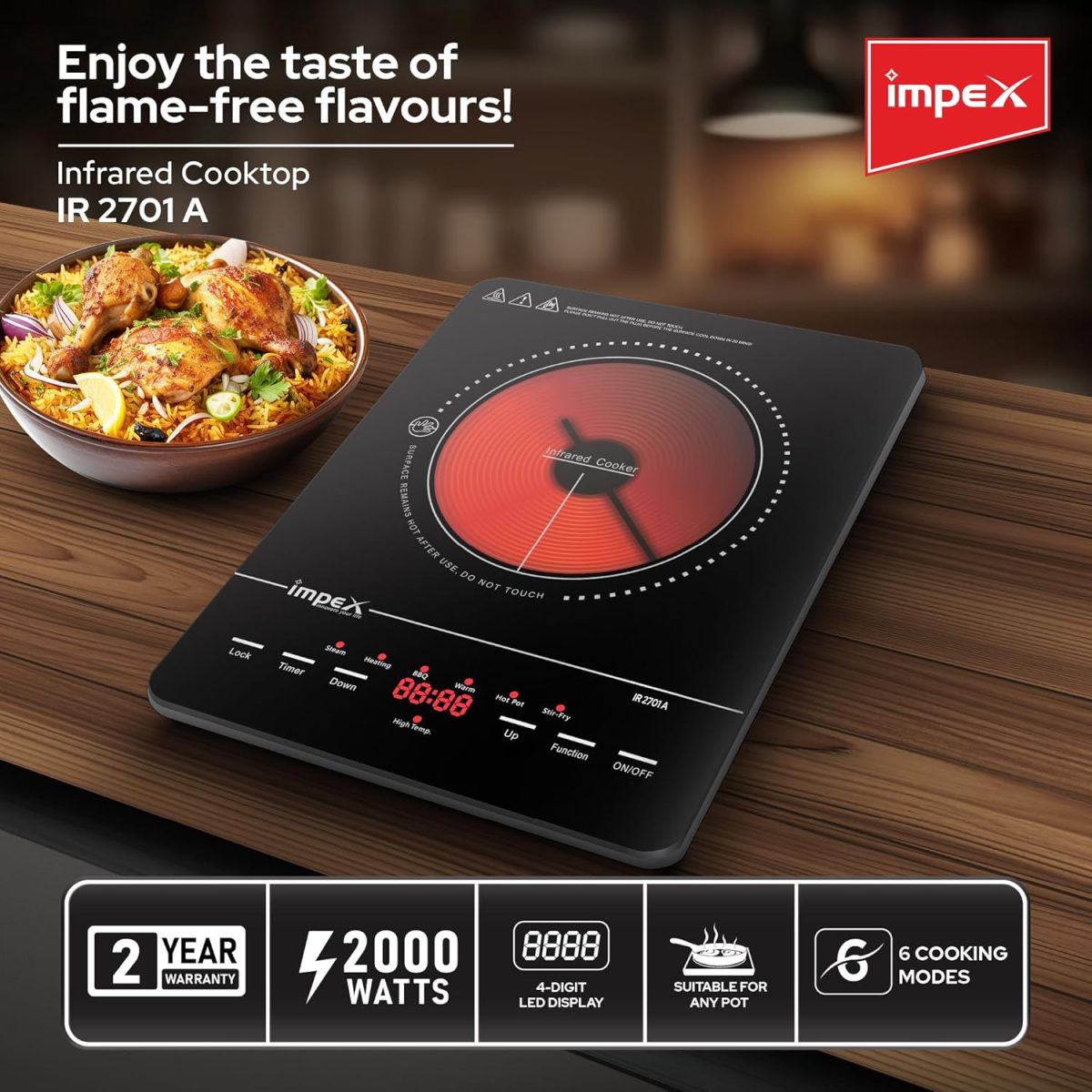⁦Impex Infrared Cooktop With 4 Digit LED Display & Push Button Control,10 Temperature Settings And 6 Cooking Mode 3hrs Programmable Timer Compatible with All Cookware,2 Year Warranty-1500W⁩ - الصورة ⁦2⁩
