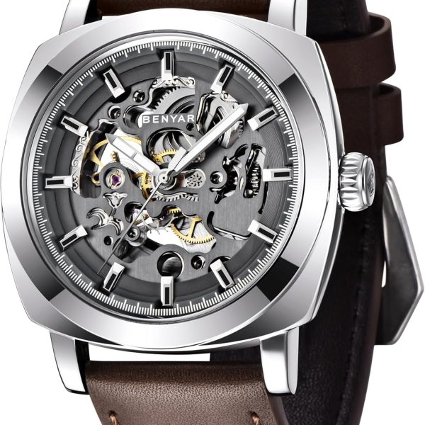 Benyar Watch Men Automatic Mechanical Men's Watches Golden Movement 45 mm Skeleton Dial Water and Scratch Resistant Leather Strap Elegant Gift for Men
