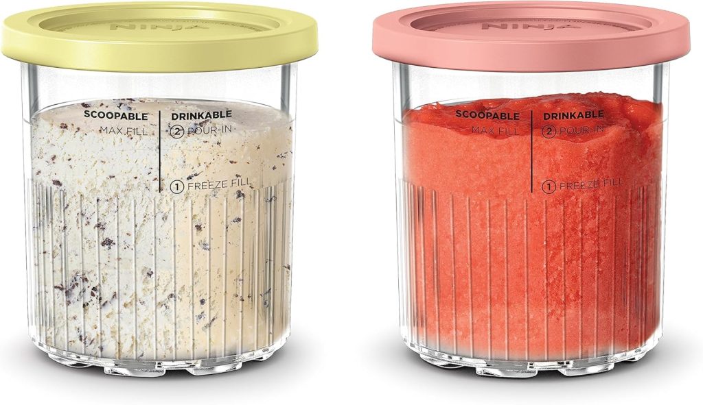 Ninja XSKPNTLTD2 CREAMi Deluxe Pints and Lids 2 Pack, Compatible with NC500 Series Ninja Creami Deluxe ice Cream Makers, BPA-Free & Dishwasher Safe, Coral & Yellow Lids