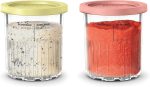 Ninja XSKPNTLTD2 CREAMi Deluxe Pints and Lids 2 Pack, Compatible with NC500 Series Ninja Creami Deluxe ice Cream Makers, BPA-Free & Dishwasher Safe, Coral & Yellow Lids
