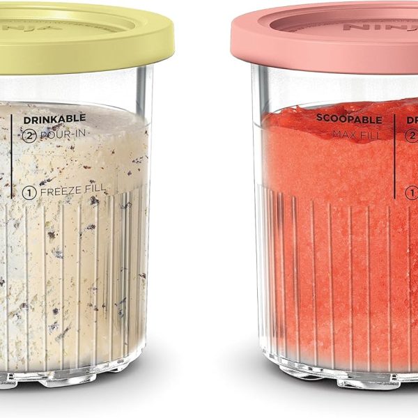 Ninja XSKPNTLTD2 CREAMi Deluxe Pints and Lids 2 Pack, Compatible with NC500 Series Ninja Creami Deluxe ice Cream Makers, BPA-Free & Dishwasher Safe, Coral & Yellow Lids