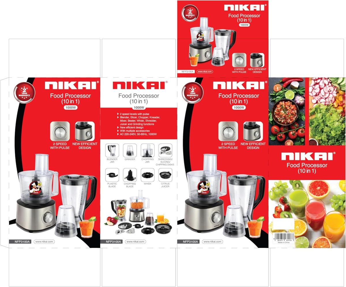 ⁦Nikai 1000 Watts 10-in-1 Food processor 2 Speed With Pulse (Blender, Slicer, Chopper, Kneader, Mixer, Beater, Whisk, Shredder, Juicer & Grinding) NFP3100A⁩ - الصورة ⁦2⁩