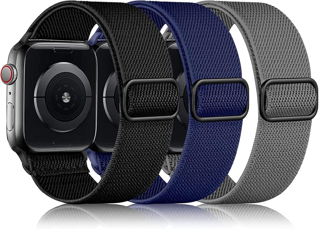 INFOSUN 3 Pack Solo Loop Compatible with Apple Watch Band 42mm 44mm 45mm 49mm, Nylon Bands for Apple Watch SE/iWatch Ultra/Ultra 2/ Series 9 8 7 6 5 4 3 2 1(Black/Midnight Blue/Dark Gray)