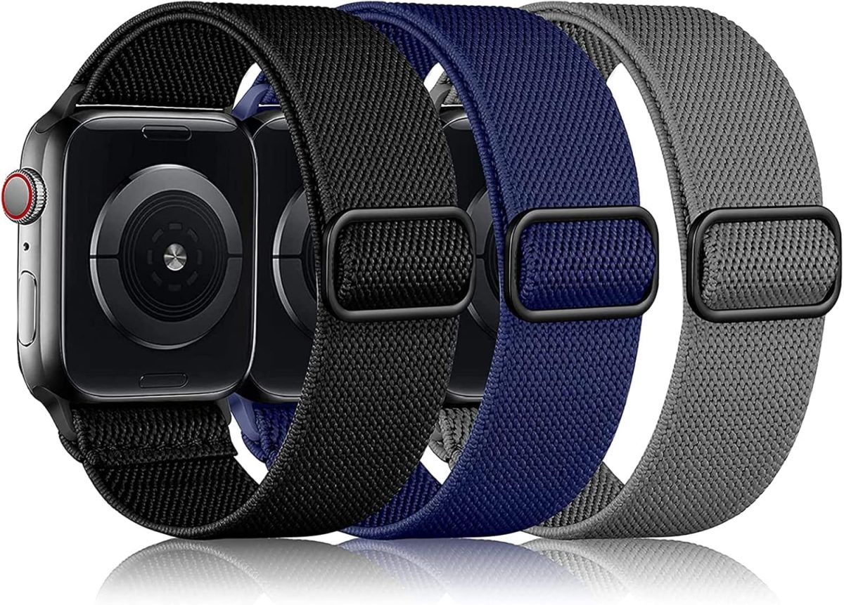 INFOSUN 3 Pack Solo Loop Compatible with Apple Watch Band 42mm 44mm 45mm 49mm, Nylon Bands for Apple Watch SE/iWatch Ultra/Ultra 2/ Series 9 8 7 6 5 4 3 2 1(Black/Midnight Blue/Dark Gray)