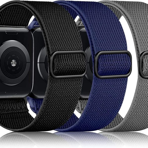 INFOSUN 3 Pack Solo Loop Compatible with Apple Watch Band 42mm 44mm 45mm 49mm, Nylon Bands for Apple Watch SE/iWatch Ultra/Ultra 2/ Series 9 8 7 6 5 4 3 2 1(Black/Midnight Blue/Dark Gray)