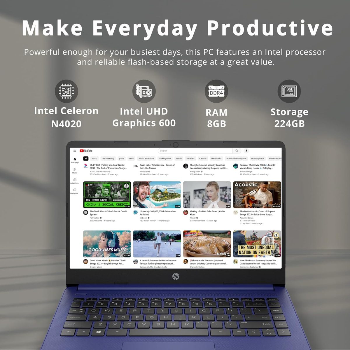 ⁦HP Stream 14" Micro-Edge HD Laptop, Intel Celeron N4020, 8GB RAM, 224GB Storage (64GB eMMC & 160GB Docking Station Set), 1 Year Office 365, Webcam, Wi-Fi 5, Bluetooth, Windows 11, Blue⁩ - الصورة ⁦3⁩