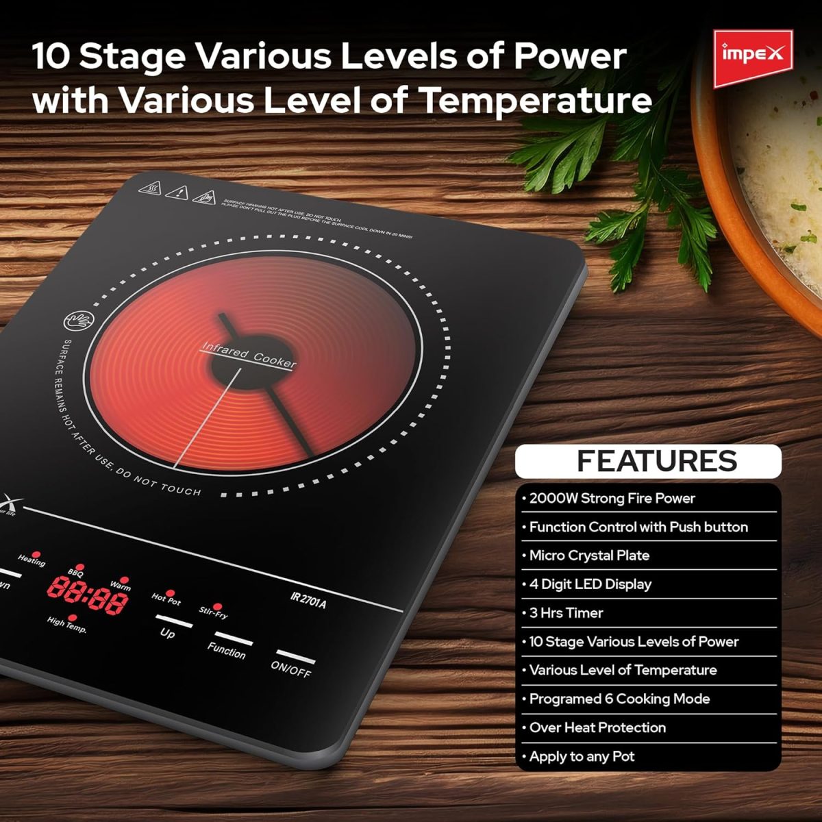 ⁦Impex Infrared Cooktop With 4 Digit LED Display & Push Button Control,10 Temperature Settings And 6 Cooking Mode 3hrs Programmable Timer Compatible with All Cookware,2 Year Warranty-1500W⁩ - الصورة ⁦7⁩