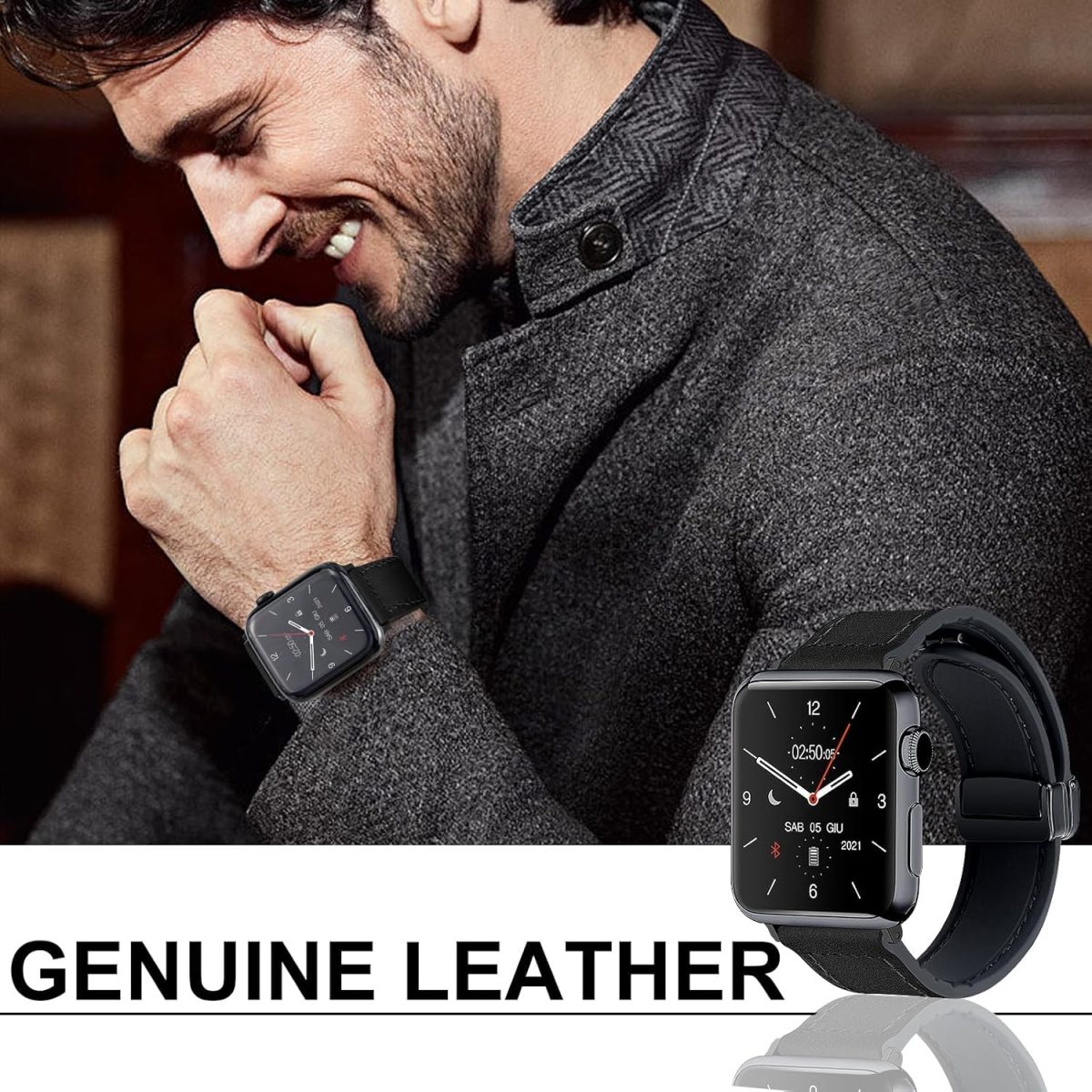 ⁦Excefore Magnetic Leather Watch Band for Apple Watch - Compatible with 49mm 45mm 44mm 42mm, Genuine Leather Strap with Magnetic Buckle, Fits for Apple Watch Ultra 9 8 7 Series - Black⁩ - الصورة ⁦2⁩