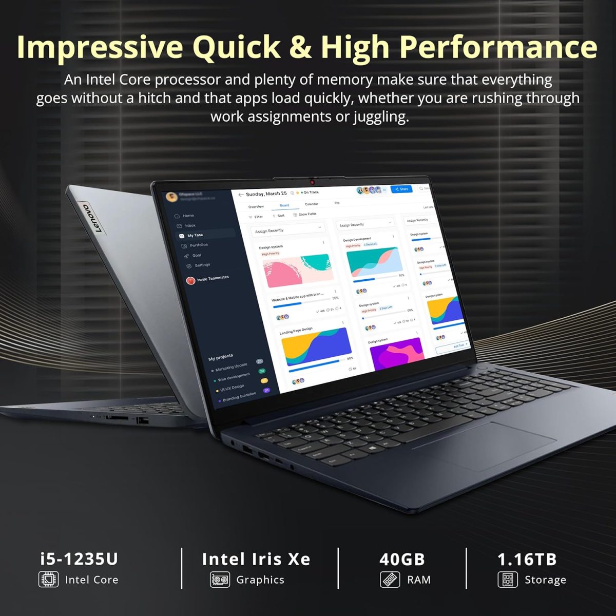 ⁦Lenovo IdeaPad 1i 15.6" FHD Touchscreen Laptop, Intel i5-1235U, 40GB RAM, 1.16TB Storage(1TB SSD+160GB Docking Station Set), Intel Iris Xe Graphics, Num Pad, Dolby Audio, Wi-Fi 6, Win 11, Abyss Blue⁩ - الصورة ⁦3⁩