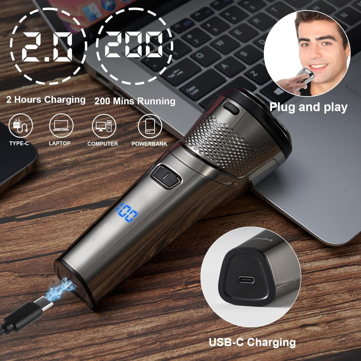 ⁦PUCHEN [Upgraded] Electric Shavers Electric Razor for Men with LED Display, 2000 mAh Shaver Rechargeable USB C for Shaving Face Dry Wet Rotary Shaver (Black)⁩ - الصورة ⁦2⁩