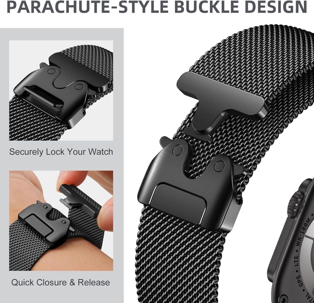 ⁦Upeak Band Compatible with Apple Watch Ultra 2/Ultra 49mm, Stainless Steel Mesh Loop Band with Parachute-style Buckle for Apple Watch Series 10 46mm, 9/8/7 45mm, SE2/SE/6/5/4 44mm, 3/2/1 42mm⁩ - الصورة ⁦3⁩