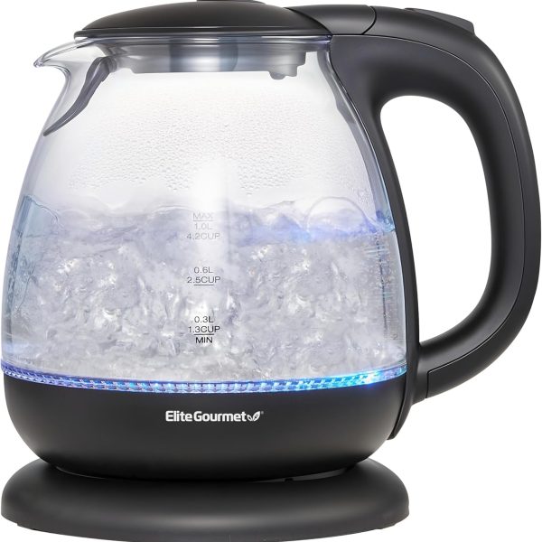 Elite Gourmet EKT1024 1L Electric Glass Tea Kettle, BPA-Free Hot Water Boiler with Blue LED, Fast Boil & Auto Shut-Off, Black