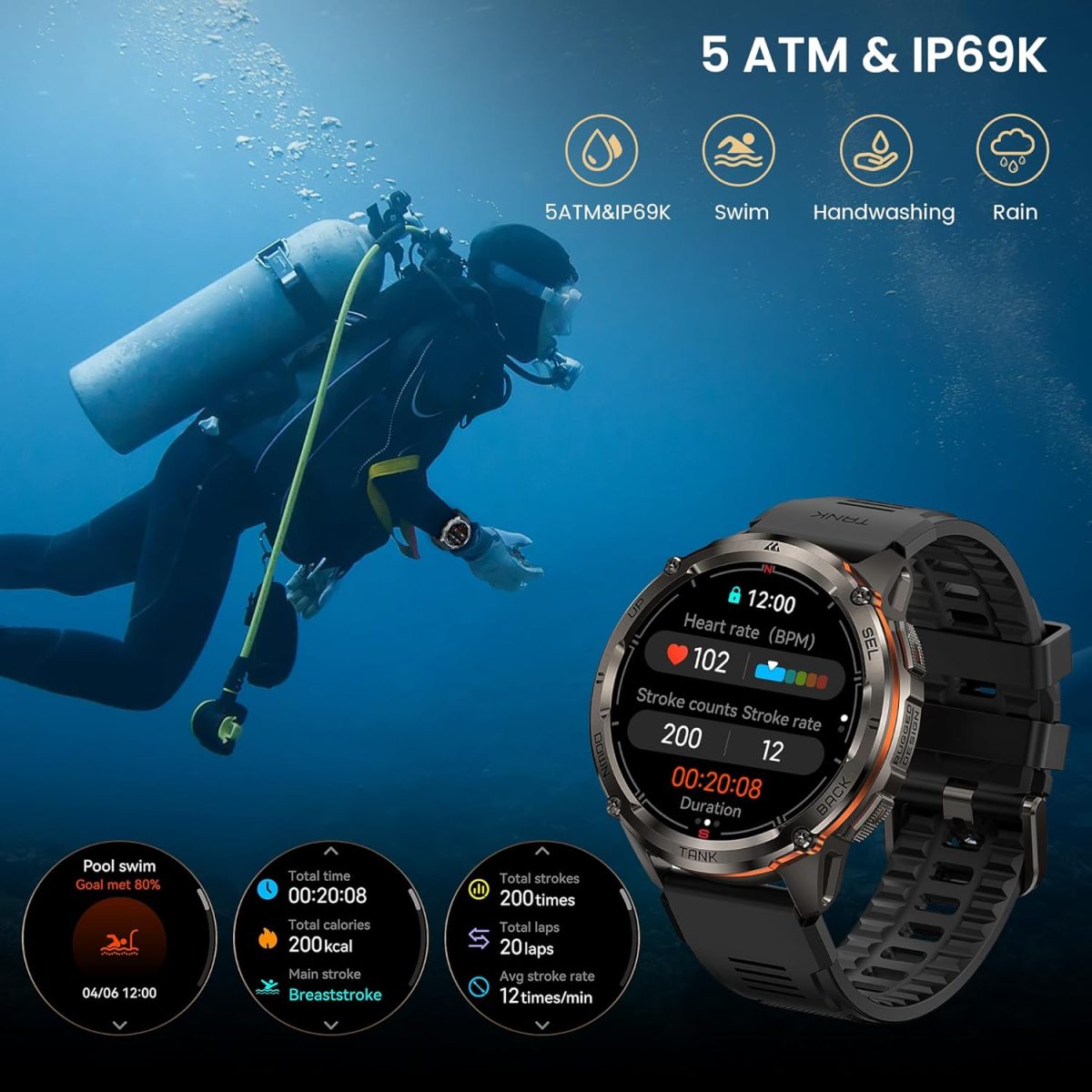 ⁦KOSPET Tank Smart Watch for Men/Women GPS, Extra-Long Battery with Bluetooth Calling, Pressure&Altitude&Compass⁩ - الصورة ⁦8⁩