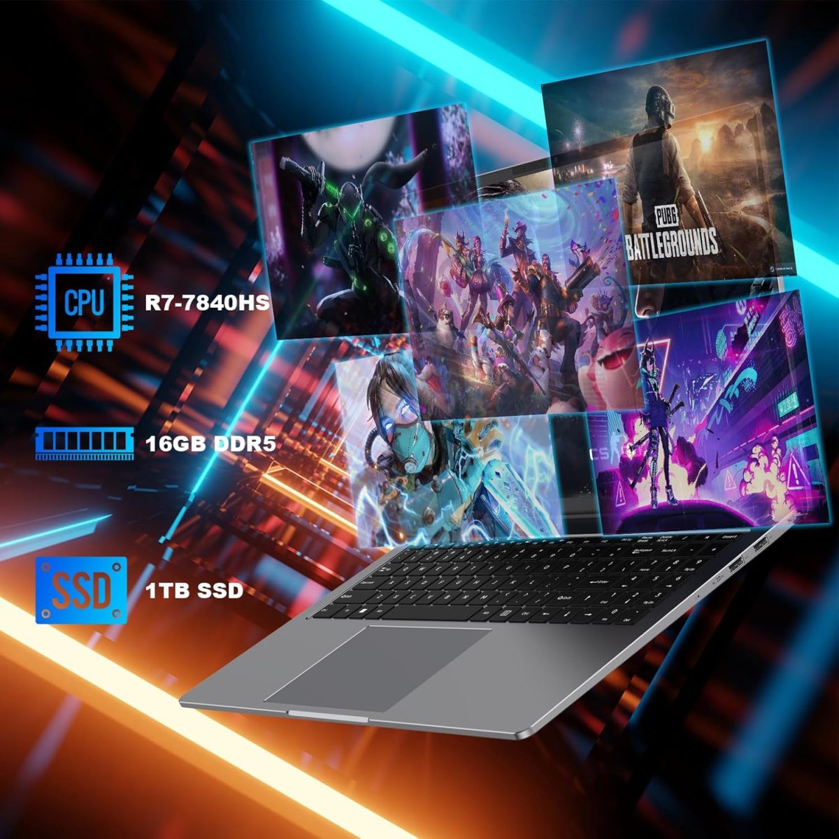 ⁦Laptop Gaming 16inch 2.5K IPS, Laptop Computer 16GB DDR5 1TB SSD AMD Ryzen 7 7840HS Processor(Up to 5.1GHz), Traditional Laptop PC Wifi6 BT5.2 USB3.1*3 HDMI*1 Audio Port*1 Cooling System For Games⁩ - الصورة ⁦8⁩