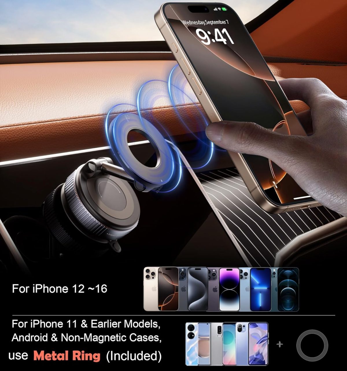⁦REOKILY Strong Magnetic Car Phone Holder for MagSafe, Ultra Vacuum Suction Cup Phone Mount 360° Cell Phone Holders for Your Car Accessories for iPhone 16 15 14 13 12 Android⁩ - الصورة ⁦6⁩