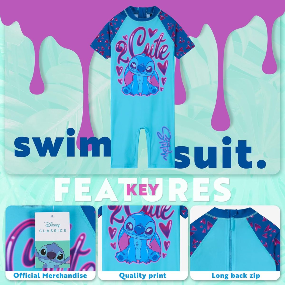 ⁦Disney Stitch Single Piece Swimsuit for Girls with Short Sleeves - Gift⁩ - الصورة ⁦3⁩