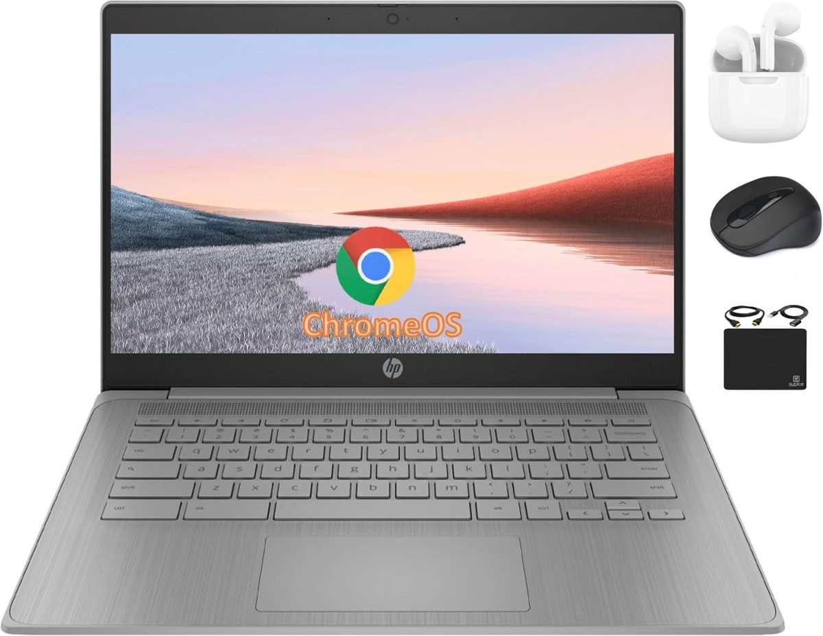 HP Chromebook 14" HD Flagship Laptop for Student Business, Quad-Core Celeron N4120 Processor, 4GB RAM, 192GB Storage (64GB eMMC + 128GB Card), Webcam, WiFi, Long Battery, Chrome OS+HubxcelAccessory