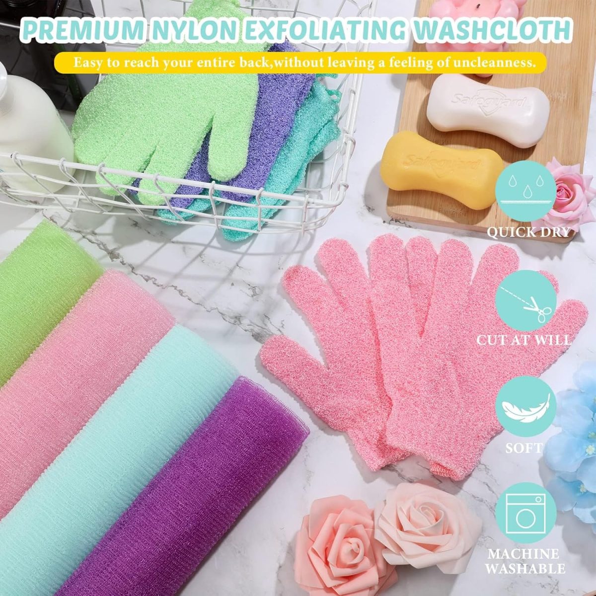 ⁦Hepiide [Upgrade]12Pcs Shower Gloves Body Exfoliating Wash Gloves Set, 4 Body Scrubber Nylon Back Washer, 8 Pcs Scrub mitts for Women Men Skin Stretchable Pull Strap Washcloth (Multi)⁩ - الصورة ⁦6⁩