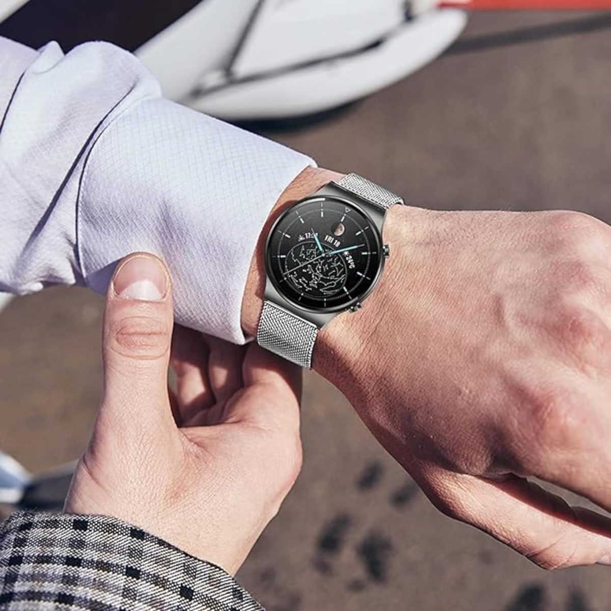 ⁦NESLIN Milanese Band Compatible with Huawei Watch GT5/GT5 Pro 2024/GT4 46mm/Watch 4/4 Pro 46mm/GT3/GT3 Pro/GT2 Pro/GT2 46mm/GT Runner Stap, 22mm Stainless Steel Replacement Strap⁩ - الصورة ⁦7⁩