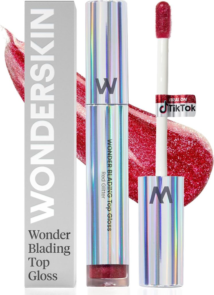 Wonderskin Wonder Blading Top Gloss - Glitter Red Lip Gloss, Moisturizing Lip Makeup with High Gloss Finish (Glitter Red)