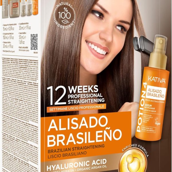 Kativa Premium Brazilian Straightening Kit - New Formula with Hyaluronic Acid - No-Rinse Serum
