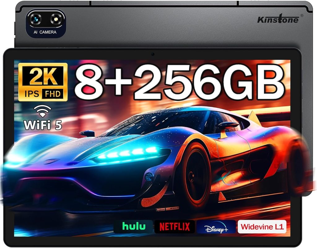 Kinstone 10.1 Inch Android Gaming Tablet, 8GB RAM 256GB ROM, Octa-Core 2.0GHz, FHD 1920x1200 IPS Screen, 6000mAh Battery, Blueteeth 5.0 & Dual WiFi, 13MP Camera, Metal Body, GMS Certified, Arabic
