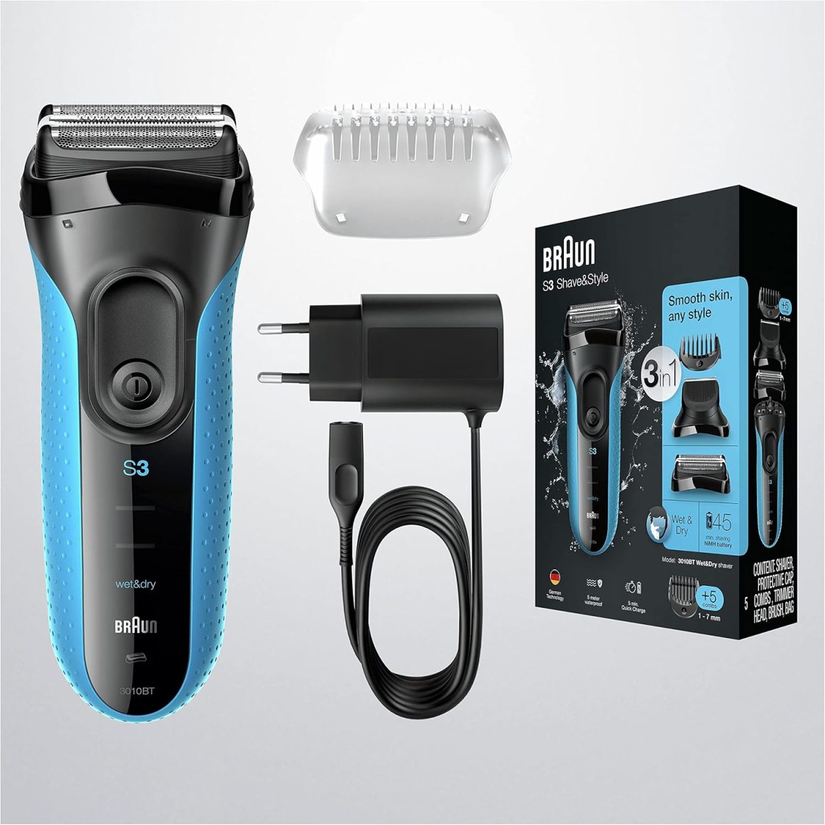 ⁦Braun Series 3 ProSkin Style & Shave Electric Shaver For Men With Precision Trimmer, Hair Clipper and 5 Combs, Wet & Dry, 100% Waterproof, 3010BT, Black/Blue Razor, Rated Which Great Value⁩ - الصورة ⁦7⁩