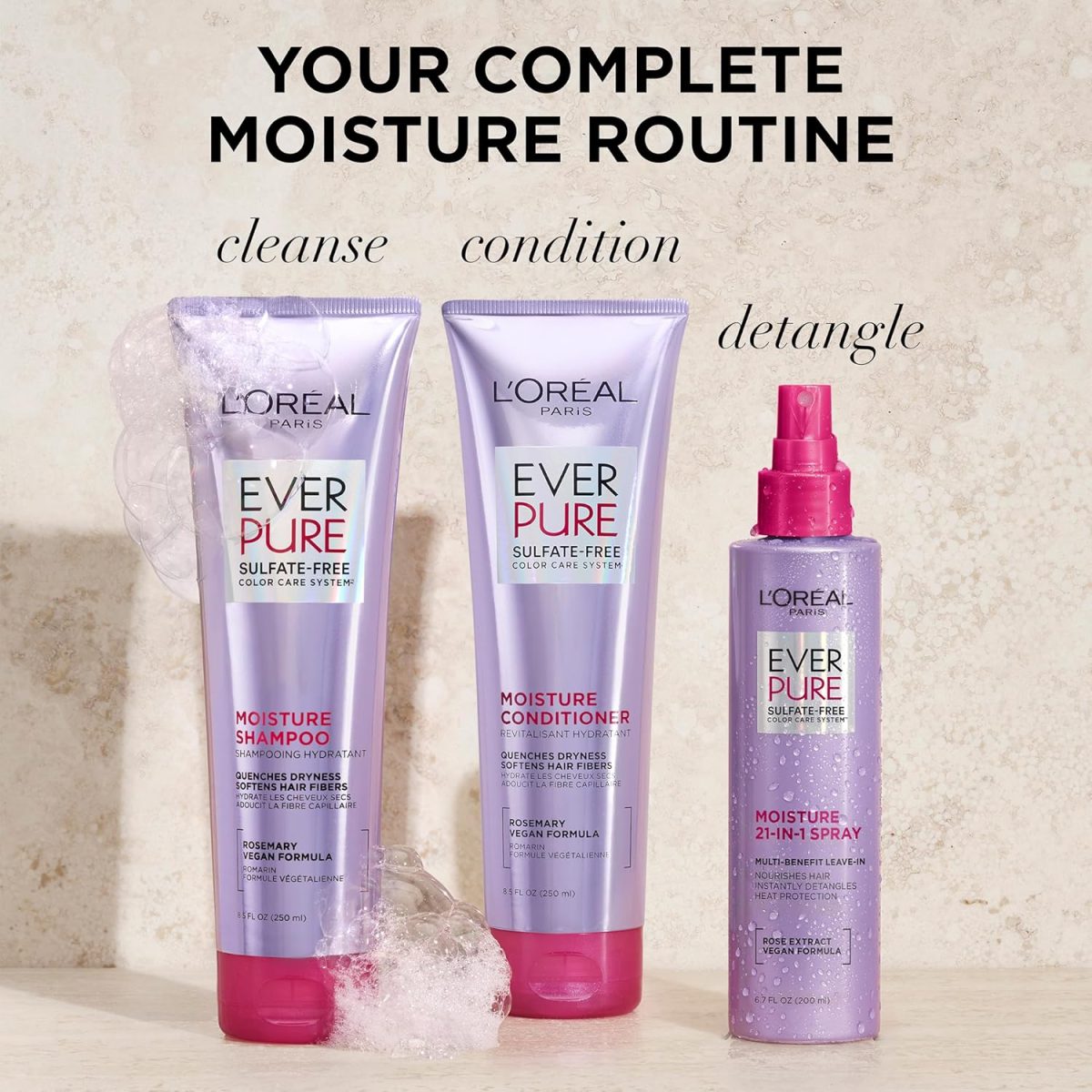⁦L'Oréal Paris EverPure Moisture Sulfate Free Shampoo and Conditioner for Color-Treated Hair, 8.5 Ounce (Set of 2)⁩ - الصورة ⁦6⁩
