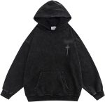Ancoree Long Sleeve T-Shirt Hoodie Sweatshirt Washed Hooded Streetwear Harajuku Casual Cotton Oversized Top (Color : Black, Size : M)