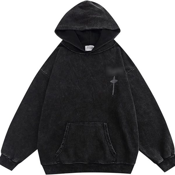 Ancoree Long Sleeve T-Shirt Hoodie Sweatshirt Washed Hooded Streetwear Harajuku Casual Cotton Oversized Top (Color : Black, Size : M)