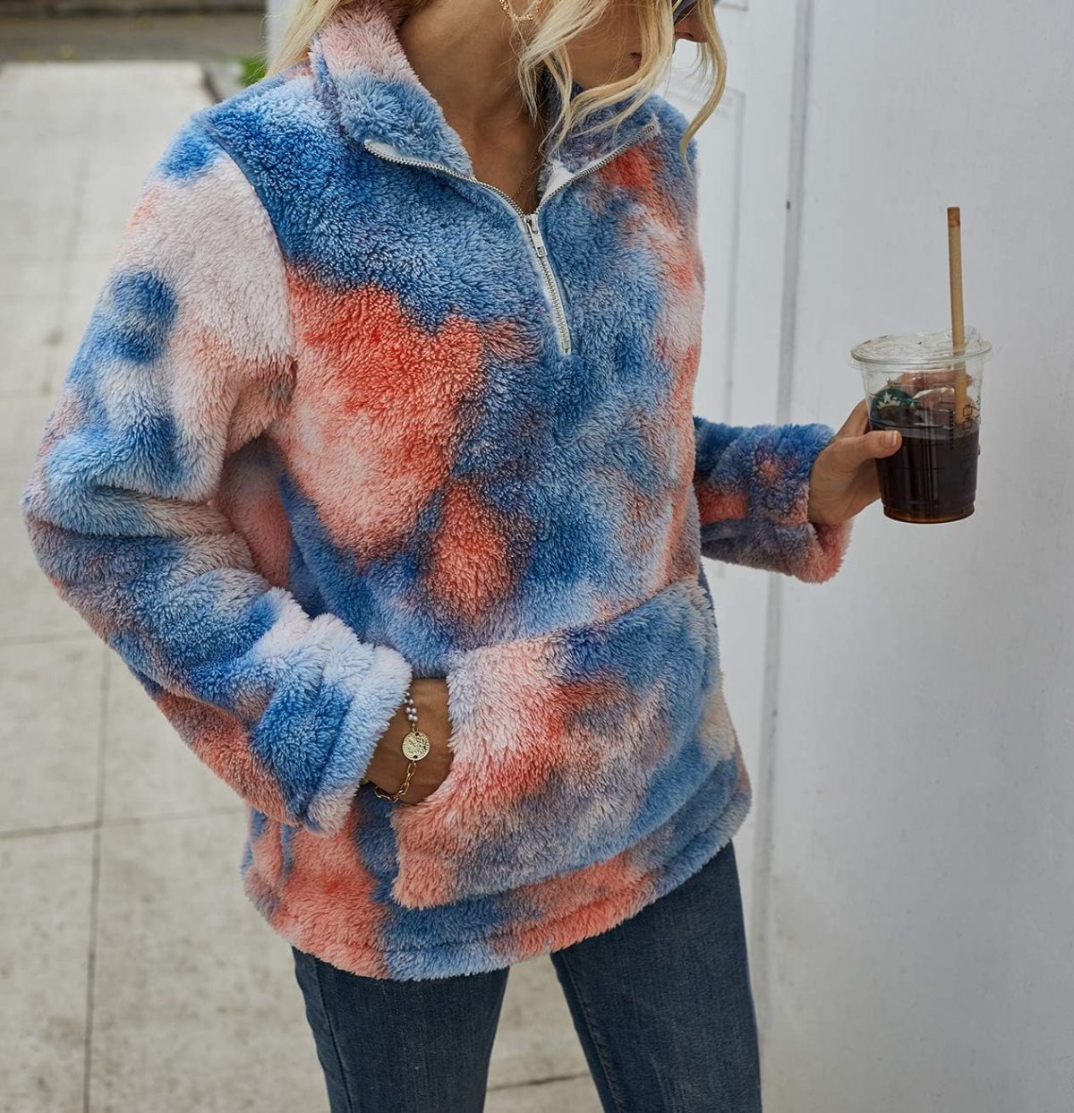 ⁦BTFBM Women Sherpa Pullover Quarter Zip Long Sleeve Fluffy Soft Fleece Jackets Sweaters Sweatshirts Hoodies Outwear Coat⁩ - الصورة ⁦2⁩