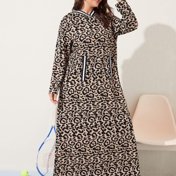 CYH Women's Fashion Hoodies & Sweatshirts， Plus Leopard Contrast Tape Hooded Sweatshirt Dress (Color : Multicolor, Size : 4XL)