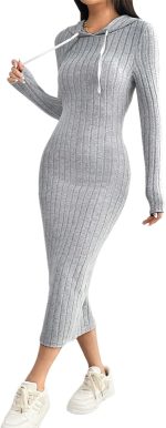 GORGLITTER Women's Ribbed Drawstring Hoodie Sweatshirt Dress Long Sleeve Midi Knit Dress Grey Petite L