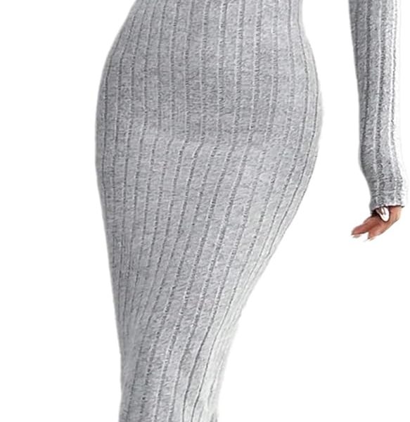 GORGLITTER Women's Ribbed Drawstring Hoodie Sweatshirt Dress Long Sleeve Midi Knit Dress Grey Petite L