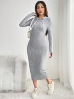 ⁦GORGLITTER Women's Ribbed Drawstring Hoodie Sweatshirt Dress Long Sleeve Midi Knit Dress Grey Petite L⁩ - الصورة ⁦2⁩