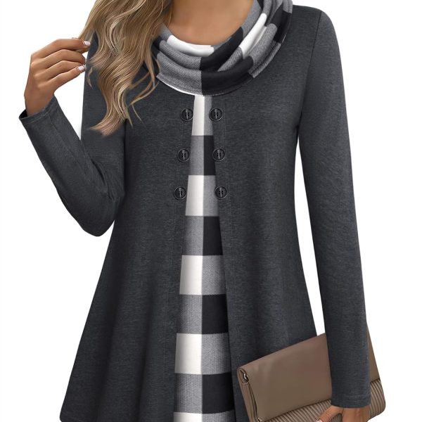 Gaharu Long Shirt Women's Long Sleeve Winter Tunic Long Cotton Oversize Pullover Women's Long Hoodie Knitted Autumn Tunic Dress Women's Long Sleeve Turtleneck Sweater Women's Winter Jumper Black White