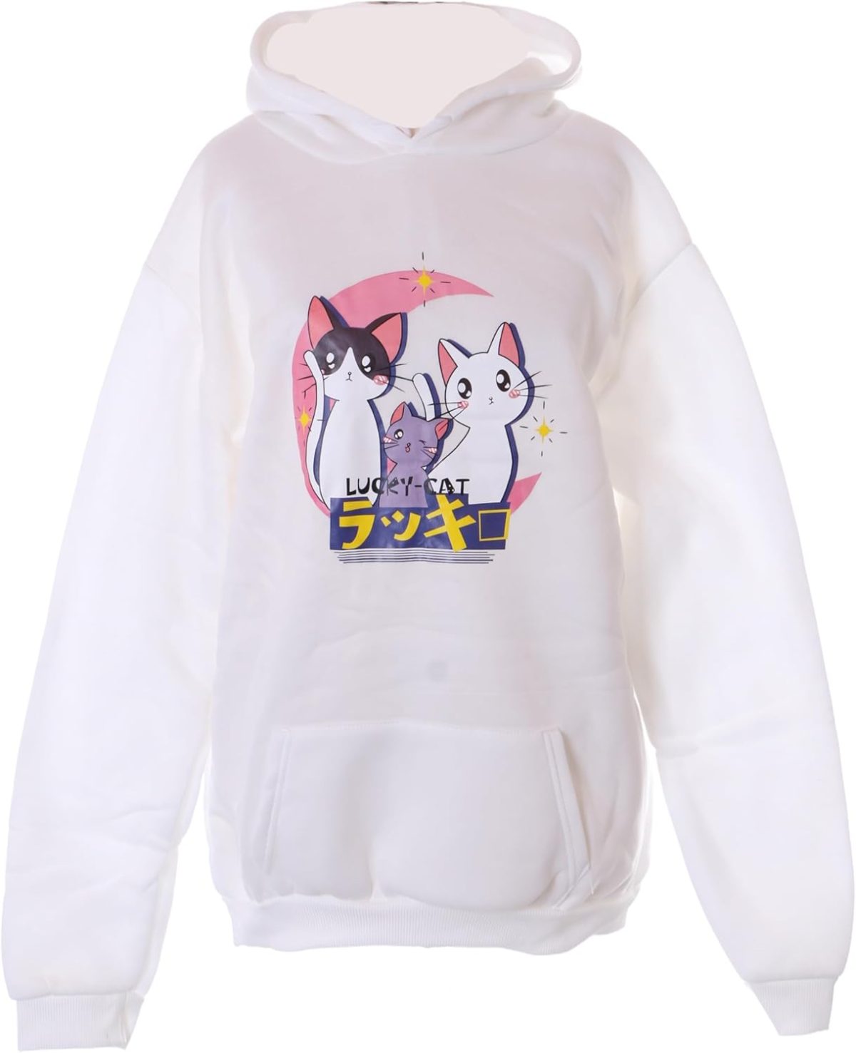 ⁦Kawaii-Story TS-372-1 Women's Hooded Sweatshirt Hoodie Pullover Pastel Goth Kawaii Cat Motif White⁩ - الصورة ⁦1⁩