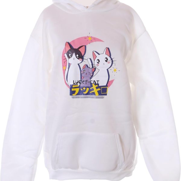 Kawaii-Story TS-372-1 Women's Hooded Sweatshirt Hoodie Pullover Pastel Goth Kawaii Cat Motif White