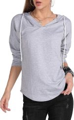 MAGICMK Women’s Deep V Neck Long Sleeves Drawstring Curved Bottom Sweatshirt Hoodie Loose Tops Blouses