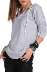 ⁦MAGICMK Women’s Deep V Neck Long Sleeves Drawstring Curved Bottom Sweatshirt Hoodie Loose Tops Blouses⁩ - الصورة ⁦2⁩