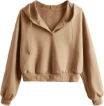 Verdusa Women's Long Sleeve Drop Shoulder Drawstring Crop Hoodie Sweatshirt Khaki XL, Khaki, X-Large