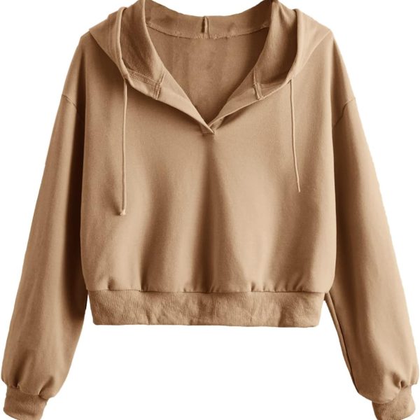 Verdusa Women's Long Sleeve Drop Shoulder Drawstring Crop Hoodie Sweatshirt Khaki XL, Khaki, X-Large