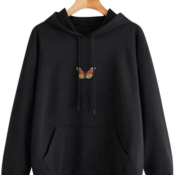 Women Butterfly Sweatshirt Hoody Teen Girls Causal Long Sleeve Pocket Loose Pullover Hoodie Tunic Top Blouse Jumper MANIHOM